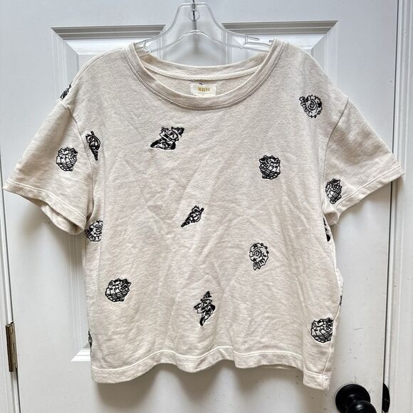 Maeve By Anthropologie Tops Women Medium Cream Beige Sea Shells AOP Short Sleeve - Picture 1 of 6